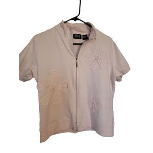 Blassport Floral Applique Zip Up Short Sleeve Top & Pants Set Large